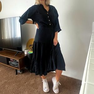 California Drawstring Black Cotton Dress